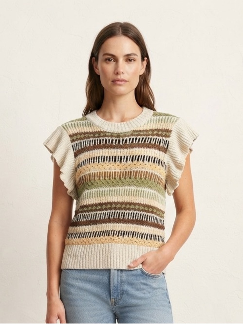 ELAN Stripe Chunky Knit Sweater M 16” p2p Cream/Yellow Multi